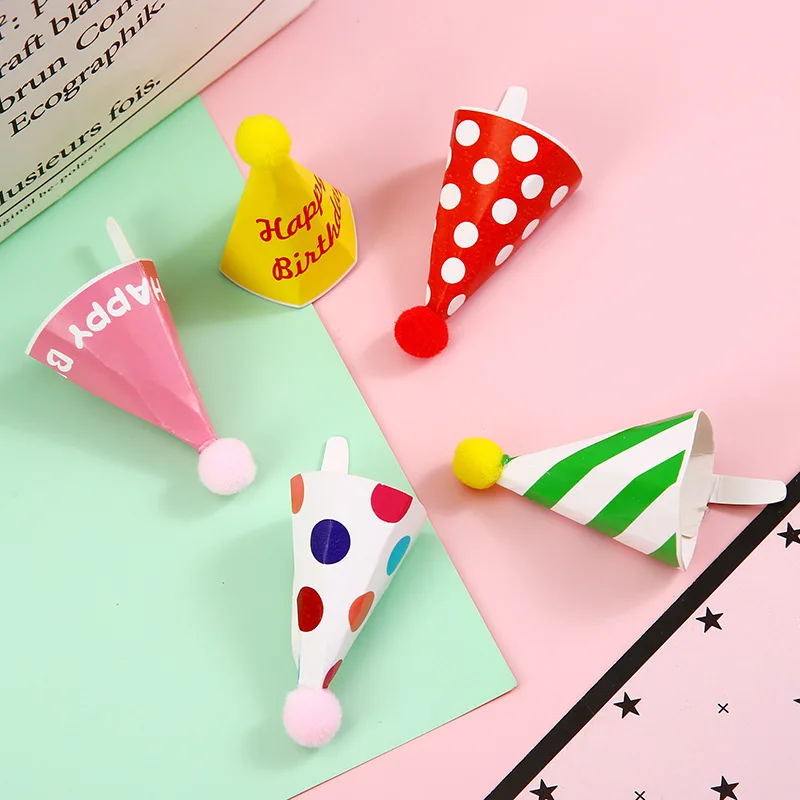 Mini Cake Hats Happy Birthday Cake Toppers Felt Ball Conical Cap Cupcake Topper Birthday Party Baby Shower Dessert Decoration