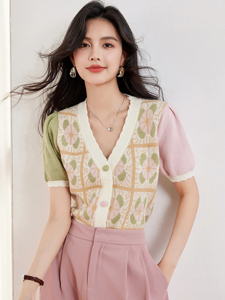 Sweet Printed Knitted T Shirt Women Summer Patchwork Short Sleeve Crop Tops Woman Summer V Neck Cardigan Sweater