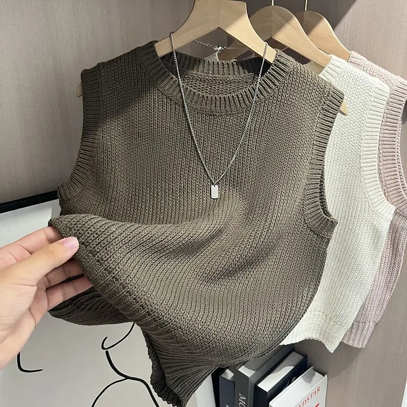 2024 Summer Slim Knit Thin Vest Women Off Shoulder Tops Comfortable and Breathable Ice Silk Round Neck Sleeveless Top,