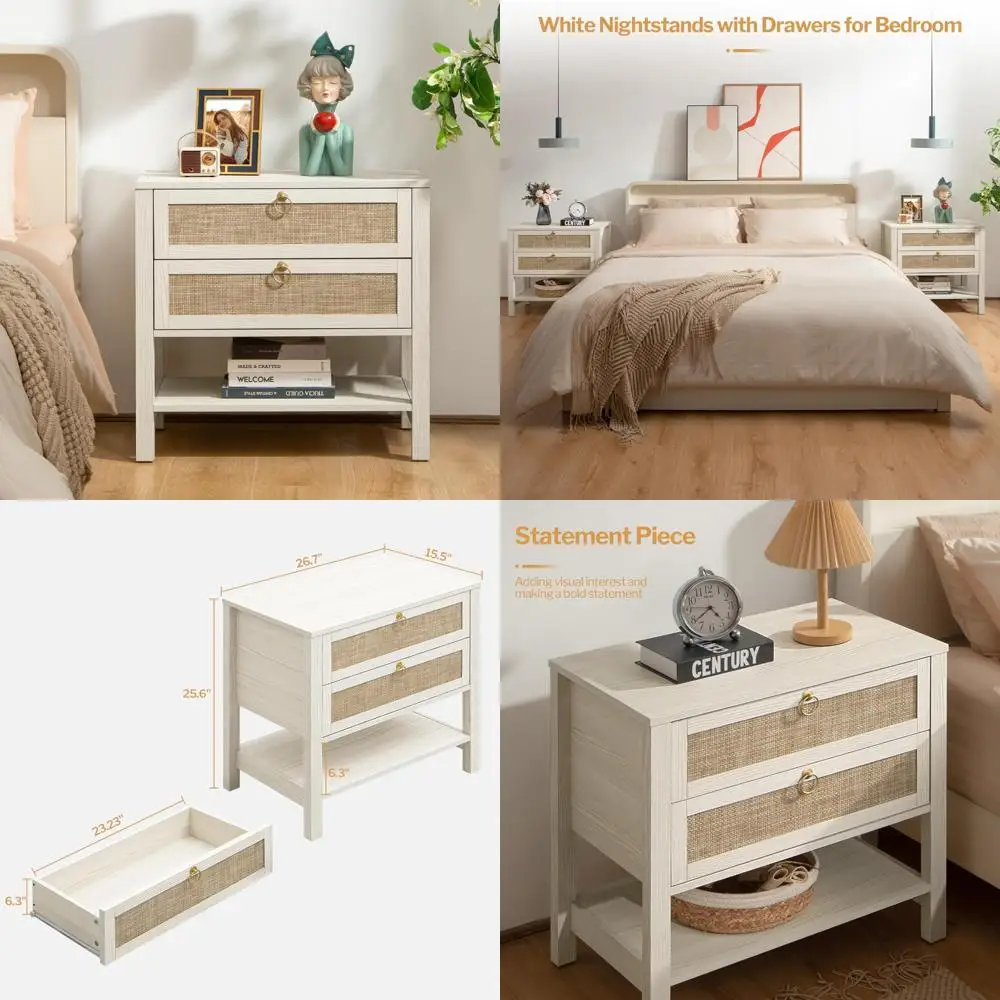 منضدة كبيرة من بوهو راتان مع أدراج ورف تخزين - طاولة بجانب السرير ضيقة للديكور الحديث