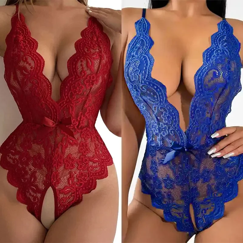 Camisolas sem costas V profundas das mulheres, boneca, roupa interior sexy, babydoll, sem grotch, peluches de renda, bodysuits, laço, vestido noturno