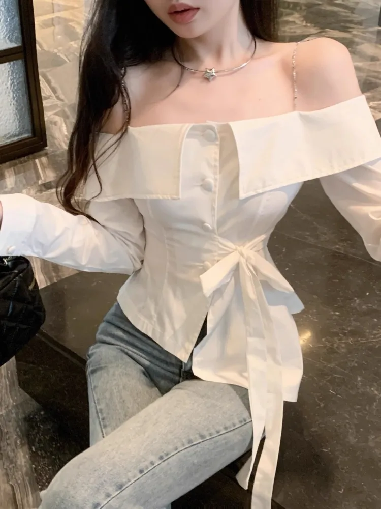 Ezgaga Shirts Women Bandage Chain Slash Neck Off Shoulder Long Sleeve Slim French Style Chic Irregular Top Female Blouse Elegant