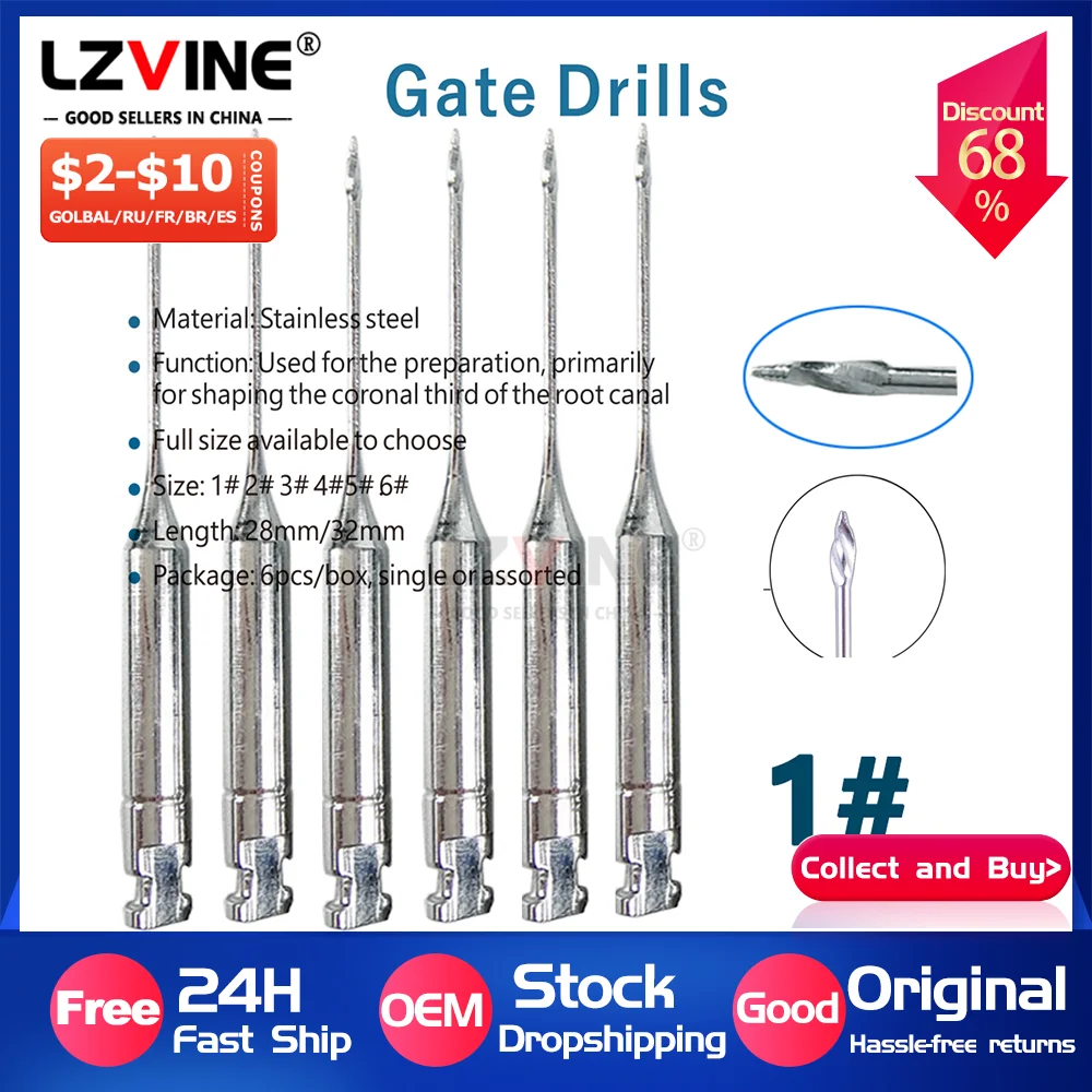 

6Pcs/Box #1-6 28mm/32mm Dental Engine Use Endodontic Gates Drill Peeso Reamers Glidden Rotary Stainless Steel Endo Files Dentist