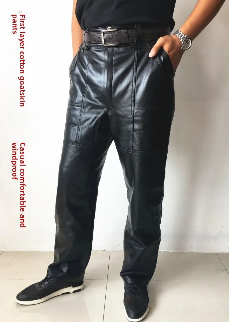 

Men's Leather Pants Loose Fit eepskin Pigskin Motorcycle Biker Trousers Warmth Cold Resistant Autumn Winter Long Pants
