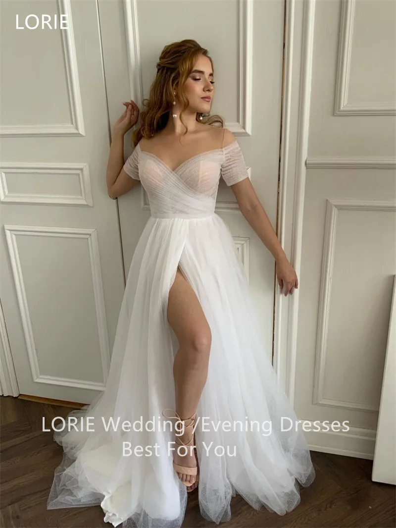 LORIE A-Linie Tüll Brautkleider Schulterfrei Braut Abendkleid Kurzarm Bodenlang Drapiertes Brautkleid 2025, individuell gestaltet