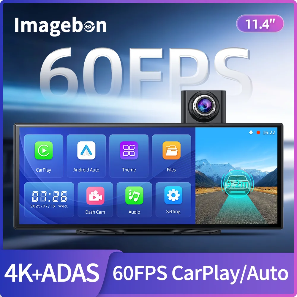 Imagebon H70 Plus 11.4″ 4K ADAS Dash Cam 60FPS Wireless Car Play & Android Auto Dual Recording Night Vision DVR