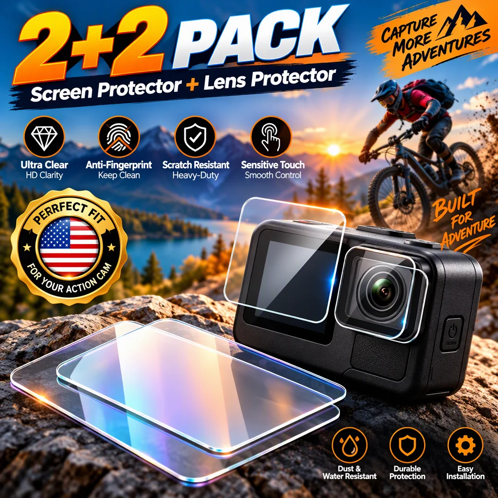 Action Camera 2+2 Pack Screen Lens Protector Set, 9H Hardness Tempered Glass for Outdoor Sports Camera