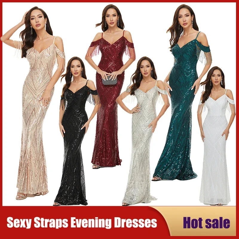 WAT18 Sexy Straps Evening Dress Fashion Long Deep V Neck Tulle High Slit Wedding Party Elegant Prom Gown Women Luxury F New 2025