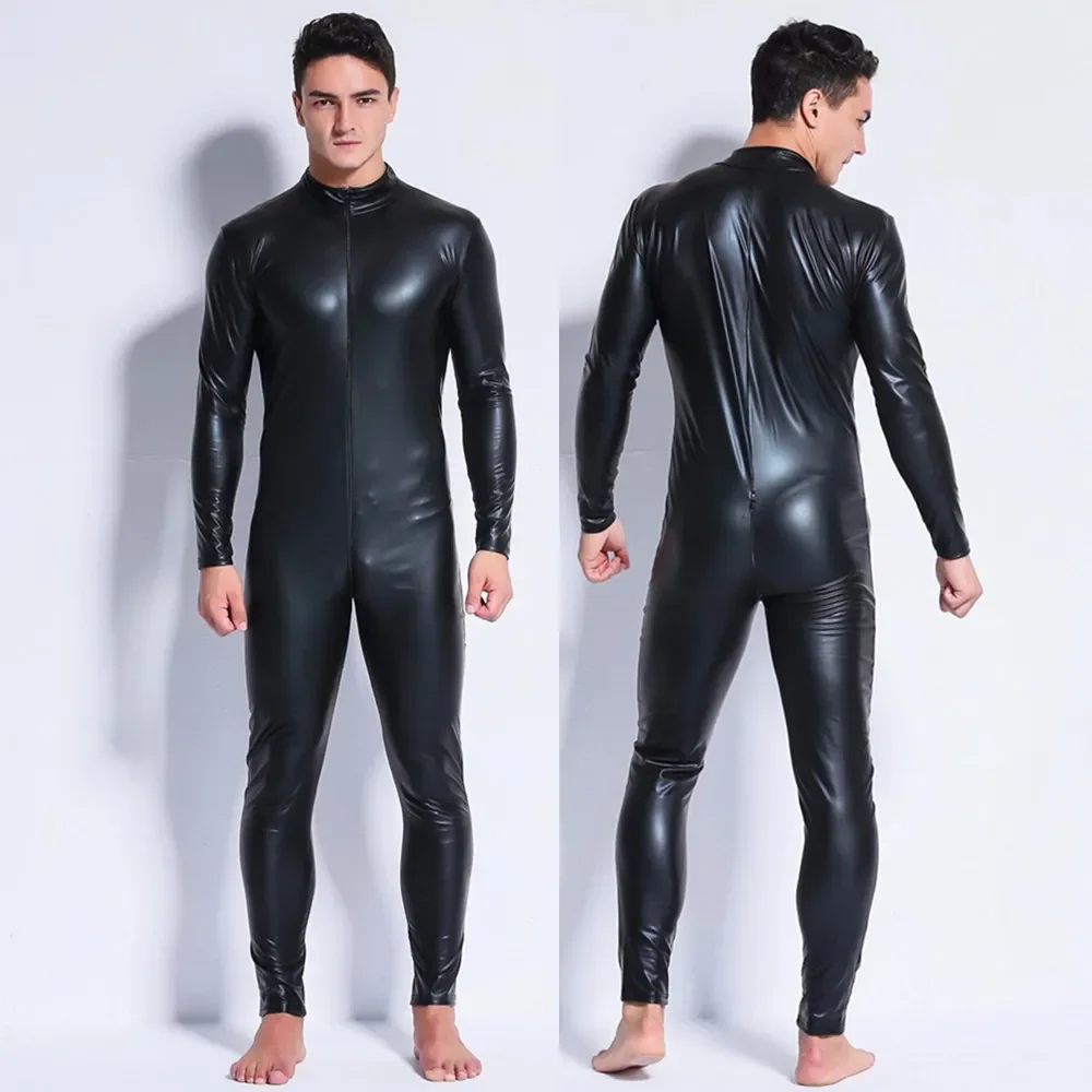 M-3XL Men Wetlook Faux Leather Double Zipper Open Crotch Pvc Bodysuit Gay Hot Lingerie Latex Catsuit Fetish Wear Sexy Costume