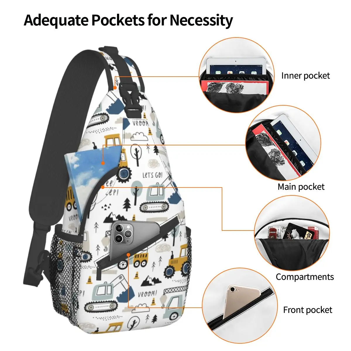 Cartoon Truck Crossbody Sling Bag Men Women Chest Bag Backhoe Cranes Equipment Shoulder Backpack Daypack Hiking Travel Cycling