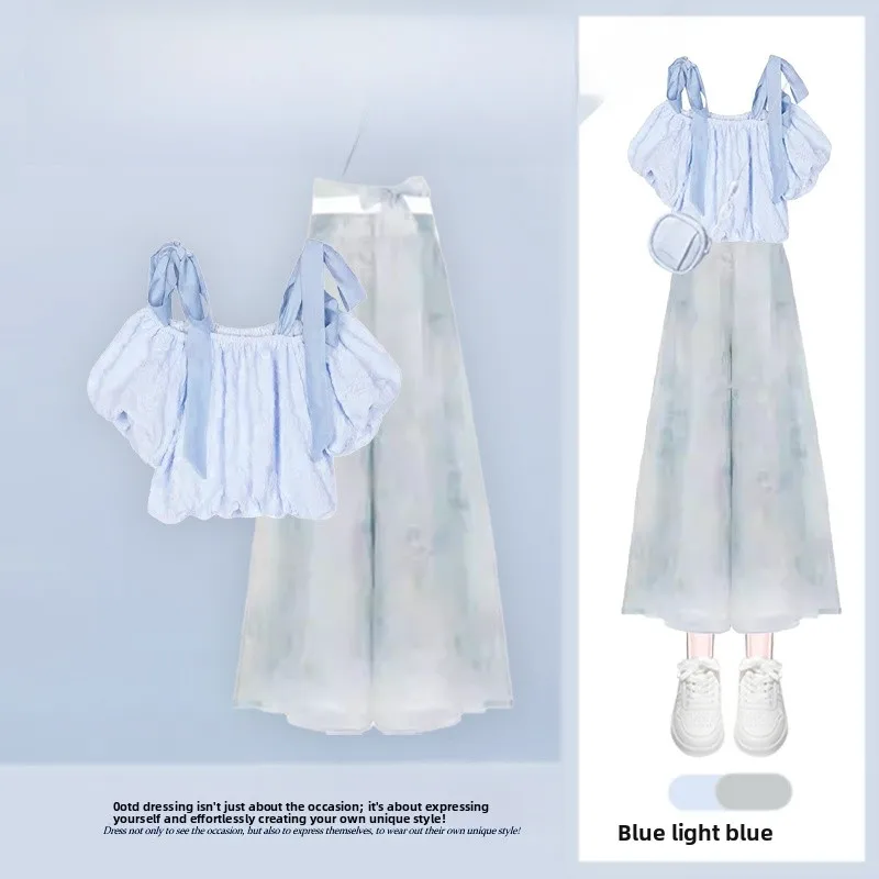 

Summer 2026 Dopaamine One Shoulder Bubble Short Sleeve Loose Casual Wide Leg Pants Two Piece Set Fashionable Women's Ensemble