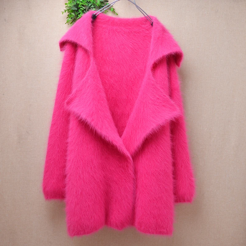 Ladies Women Autumn Winter Clothing Pull Rose Hairy Mink Cashmere Knitted Long Sleeves Suit Collar Slim Cardigans Sweater Jacket