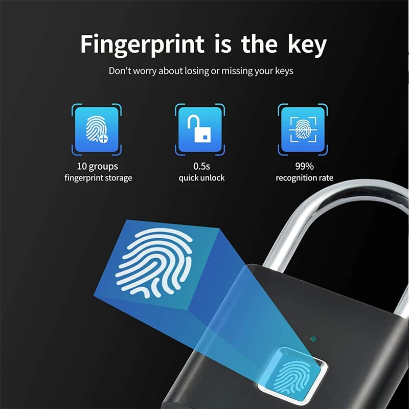 Smart Fingerprint Padlock Waterproof Biometric Fingerprint Keyless Door Lock USB Rechargeable Security Padlock for House Unlock