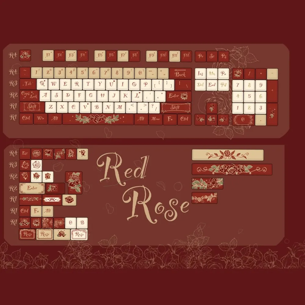 1 Set Retro Red Rose Keycaps PBT Dye Sublimation Key Cap KCA/Cherry Profile Keycap For MX Switch Keyboard 64 75 84 96 980 104