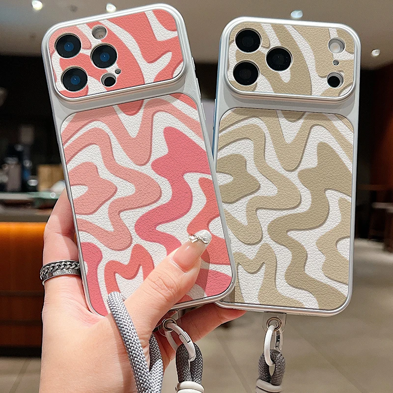 Matte Leather Texture Phone Case For iPhone 17 Pro 16 15 14 13 Pro Max Striped Pattern Wrist Strap Lanyard Soft TPU Back Cover