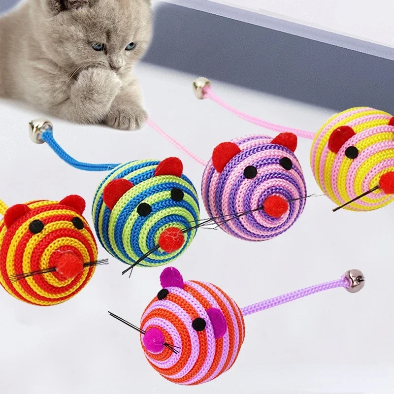 Pet Cat Toy Lovely Stripe Nylon Rope Round Ball Mouse Toy with Bell Pet Cat Chew Toy Cat Toy Interactive Mouse Ball Pet Products