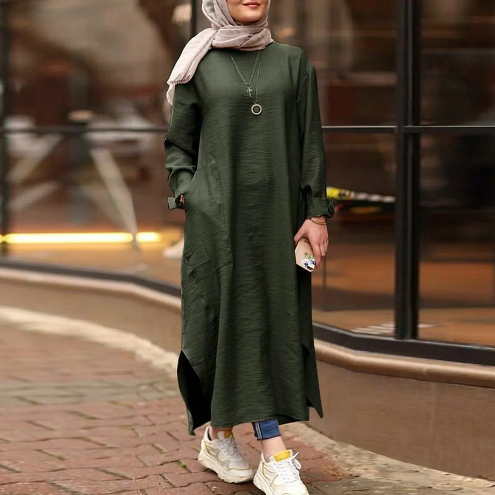 2024 Kaftan Muslim Maxi Dress Women\'s Islamic Sundress Long Sleeve Vestidos Female Casual Solid Robe Femme