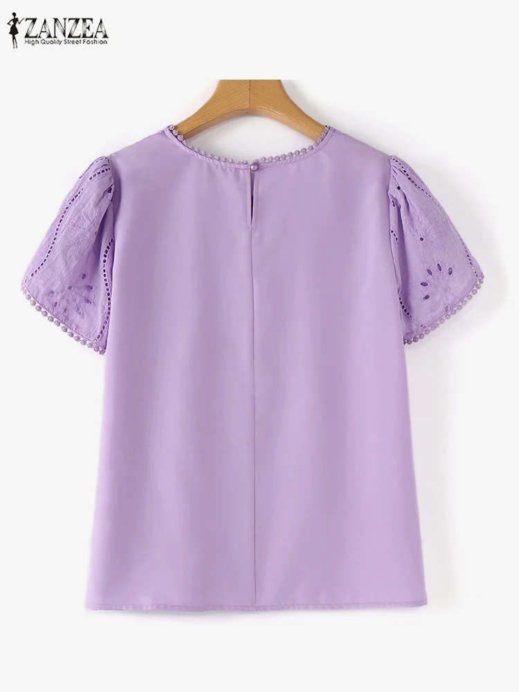 ZANZEA-Blusa de manga corta de encaje para mujer, Camisa lisa con bordado elegante, a la moda, holgada, para fiesta y trabajo, Verano