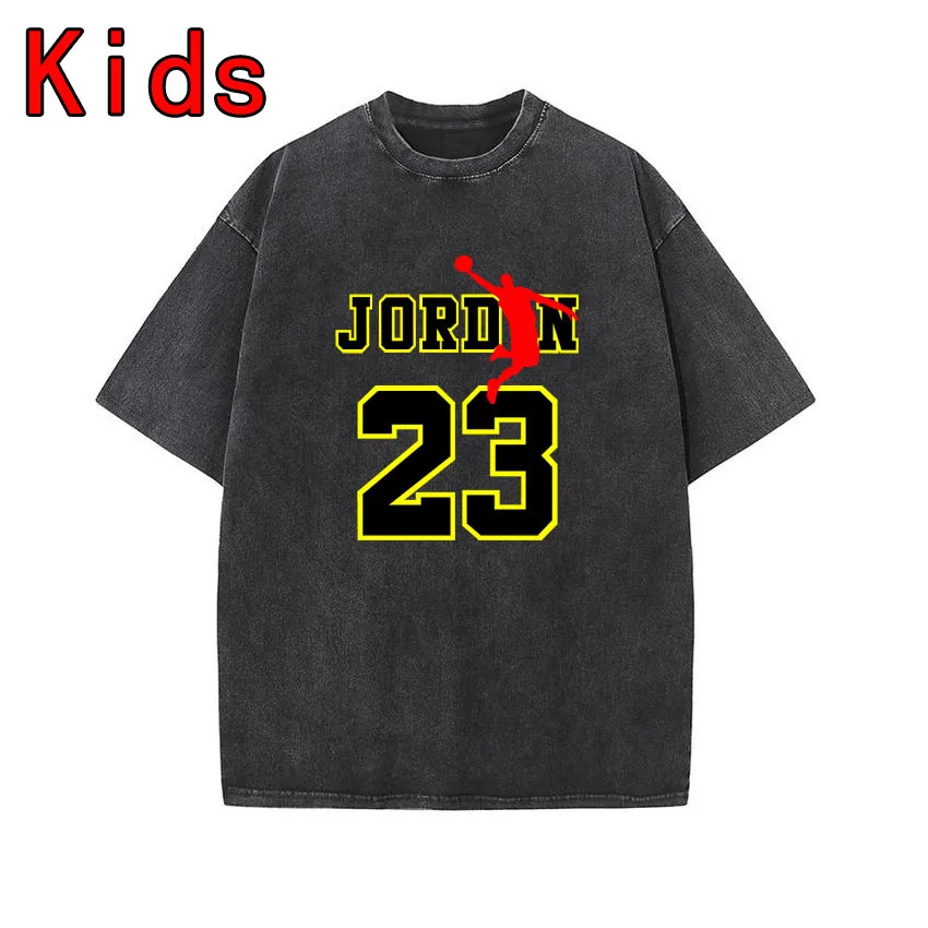 

Children's Retro T-Shirt JD Letter Number 23 Printing Kids Boys Girls Summer Cartoon Tops Short Sleeve Clothes 100% Cotton Tee