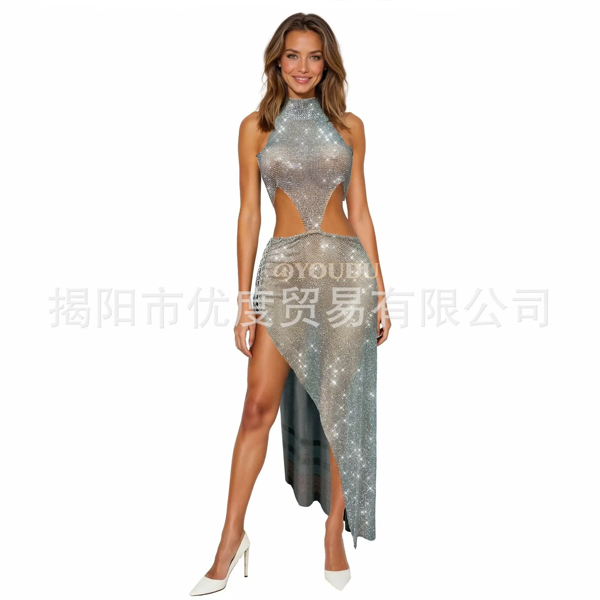 

Sexy Luxury Heavy Industry Rhinestone Mesh Dress Birthday Party Stage Performance Suit Gray Mesh Dress Stage Performance Dresses