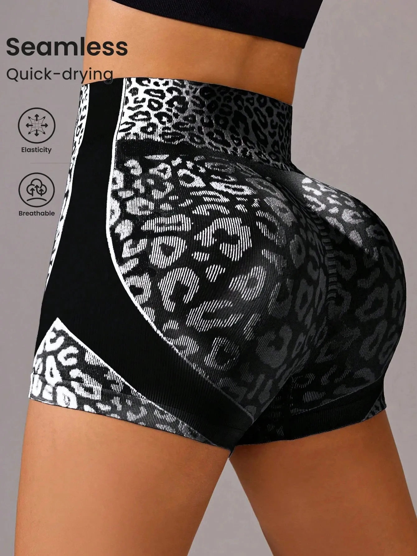 Leopard Print Seamless Yoga Shorts Women High Waist Scrunch Butt Lifting Gym Fitness Shorts Tummy Control Quick Dry Workout Bike