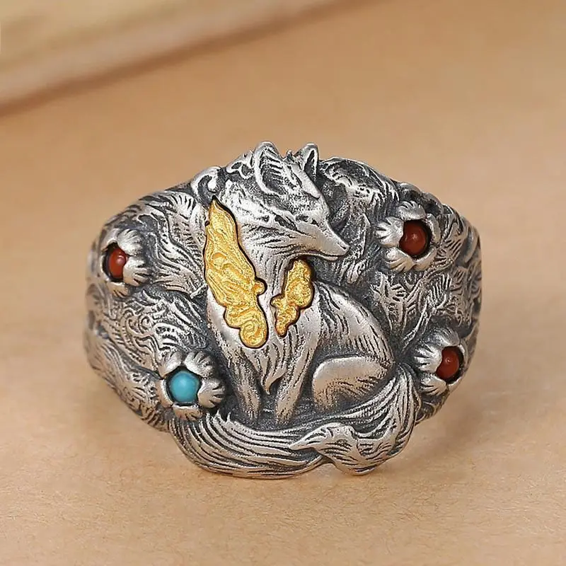 Strange Tales of Liaozhai Nine Tailed Fox Ring for Women Retro Style China-fairy Tales Move Peach Blossom Opening Food Ring Gift