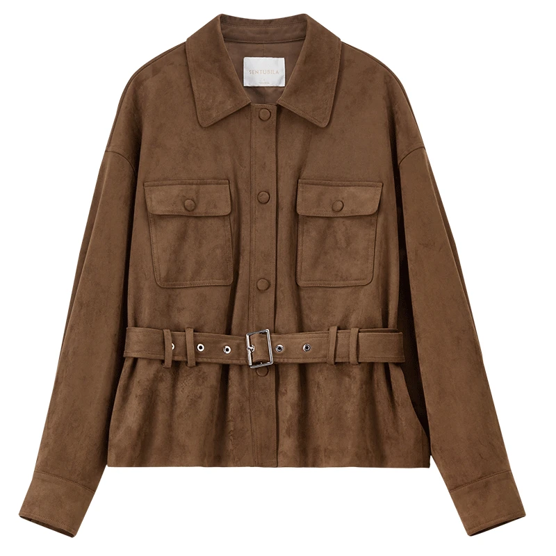 SENTUBILA-abrigo de invierno Vintage para mujer, chaquetas de piel sintética con cinturón desmontable, cuello de solapa, ropa de abrigo para mujer 154WB4865