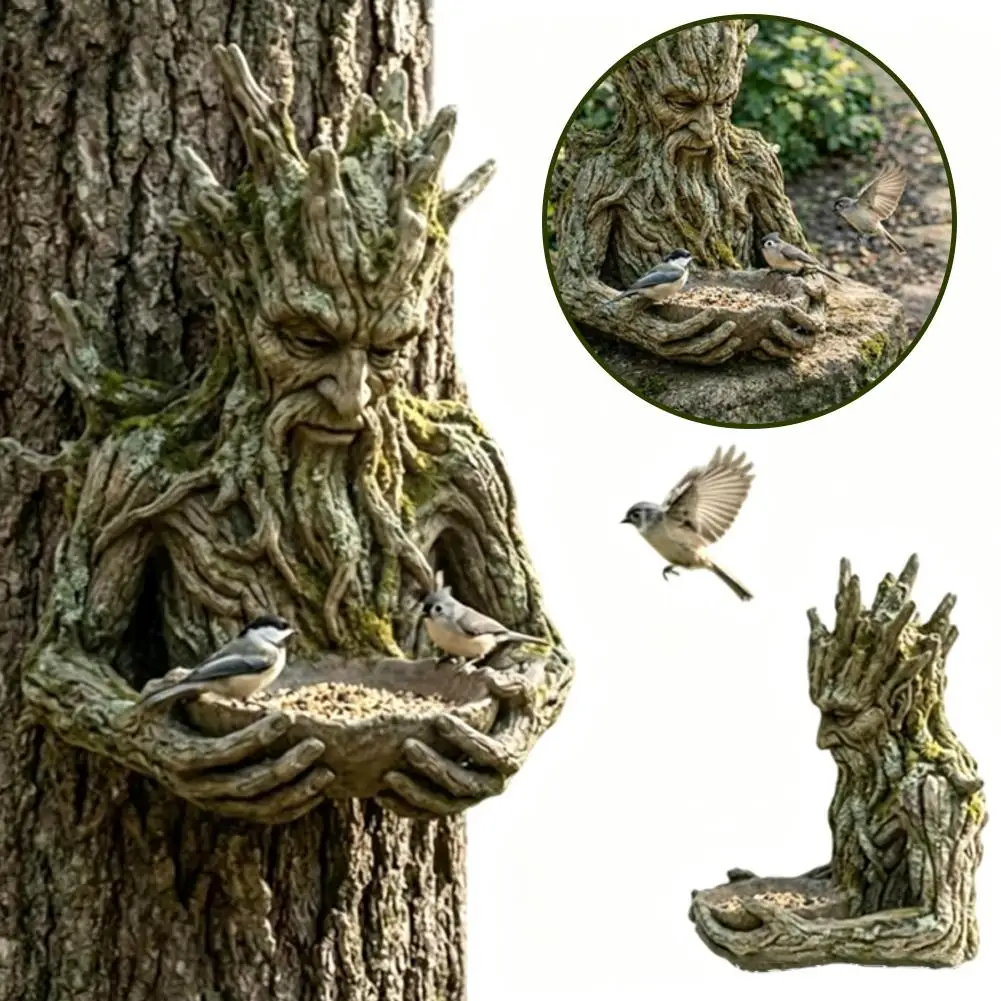 Rustic Tree Man Bird Feeder Garden Decoration Weather Resistant Resin Bird Seed Holder for Backyard Bird Watching