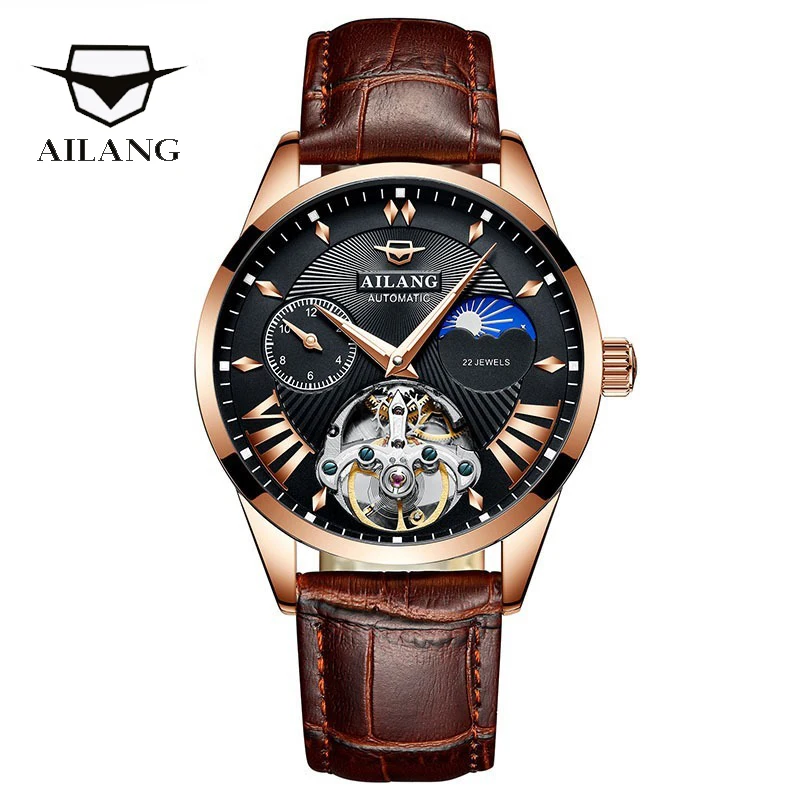 AILANG Quality Tourbillon Men\'s Watch Men Moon Phase Automatic montre Diesel Watches Mechanical Transparent Steampunk Clock