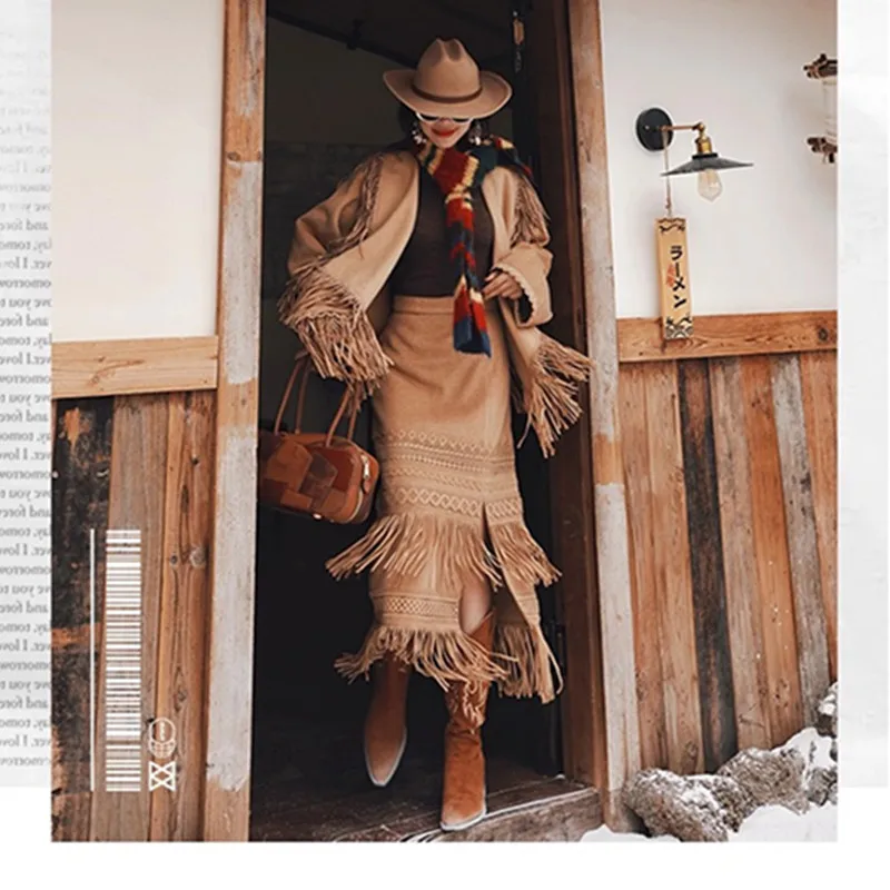 

TIYIHAILEY Long Maxi Women High Waist Skirts Autumn Brown Lady Solid Color Skirt And Long Sleeve Tops Set Tassels Cardigans