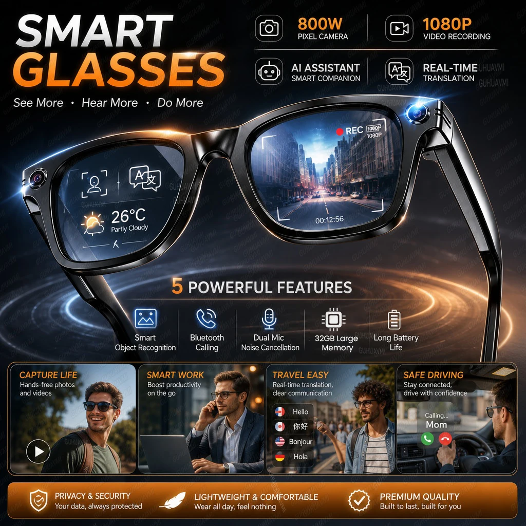 AI Smart Glasses 13MP Camera Video Recording AI Photo Recognition Answer Sunglasses Bluetooth Call Music AI Translation Glasses