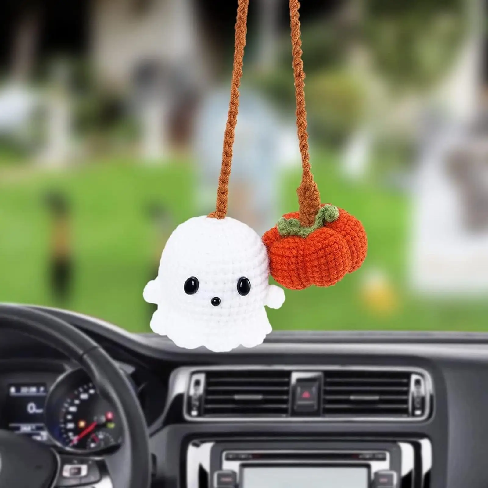 

Halloween Car Ornament Crochet Pumpkin and Ghost Car Pendant for Car Mirror Upholstery Accessories Hand Knitted Mirror Charm