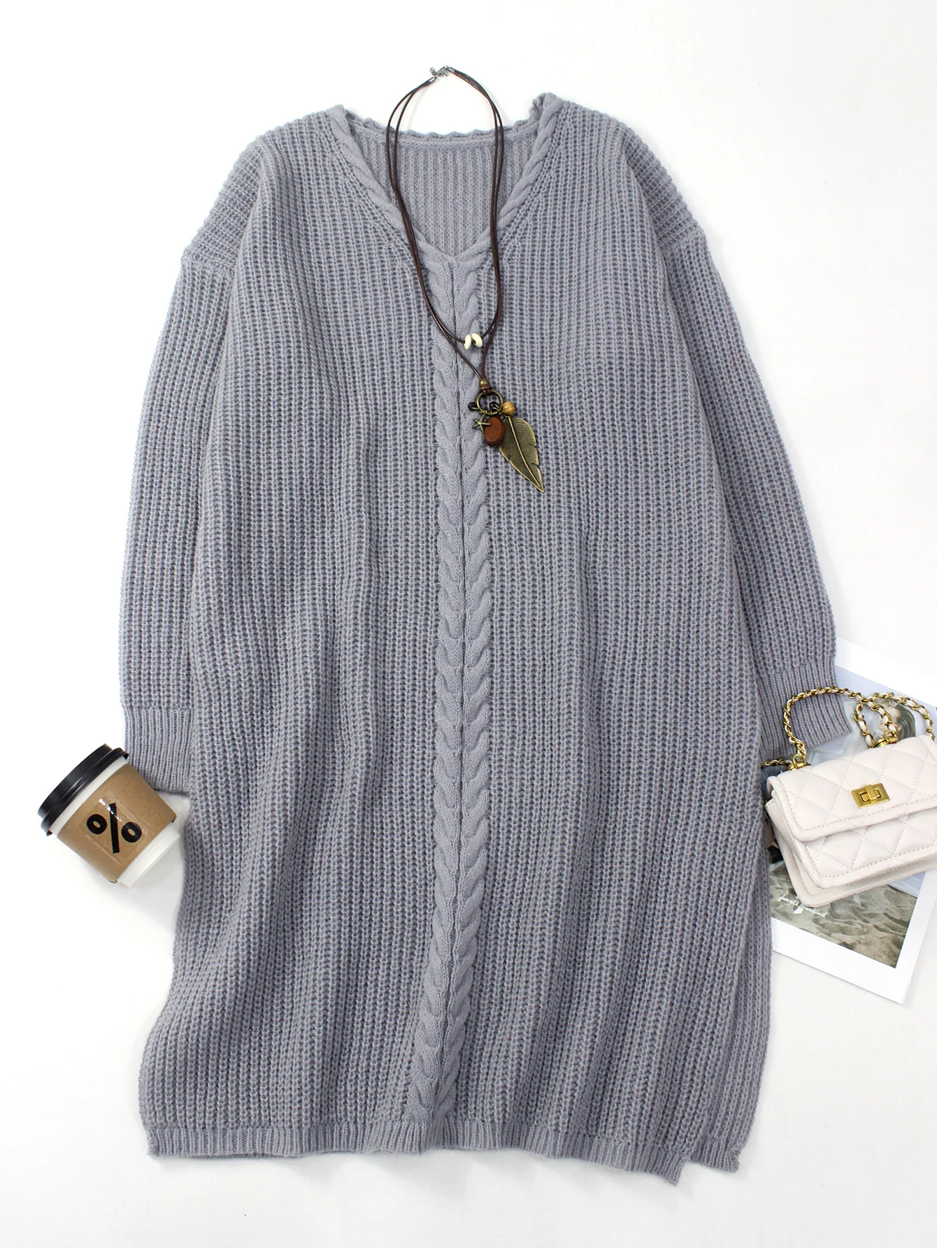 

Платье-свитер средней длины с V-образным вырезом больших размеров, элегантный повседневный стиль для женщин