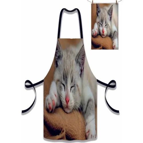 Else Carpet Else Cute Sleeping Cat Patterned Fabric Chef Dish Kitchen Apron and Towel