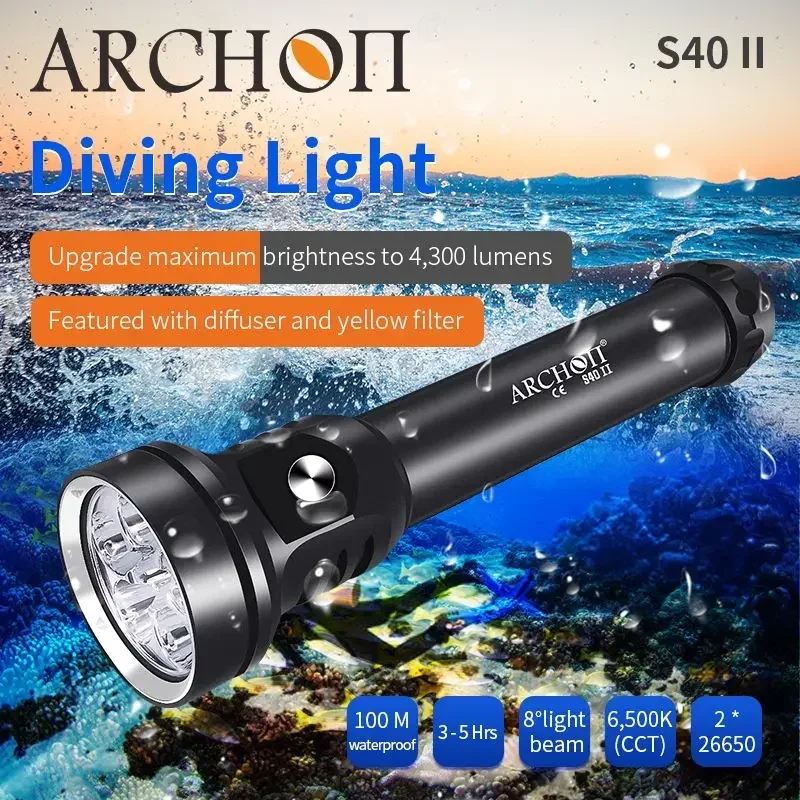 2025 S40 II 100m Waterproof Scuba Diving Light 6* White LEDs 4300LM Torch with Search Rescue Feature 26650 Flashlight