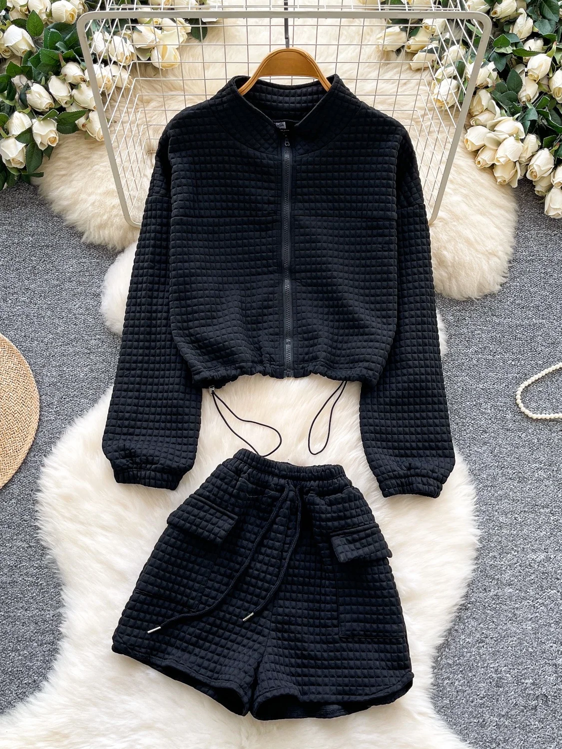 Conjunto de Moda para Mujer, Estilo Dulce y Picante, Plones Cortos de Pierna Ancha con Cintura Alta y Cordón Ajustable, T...