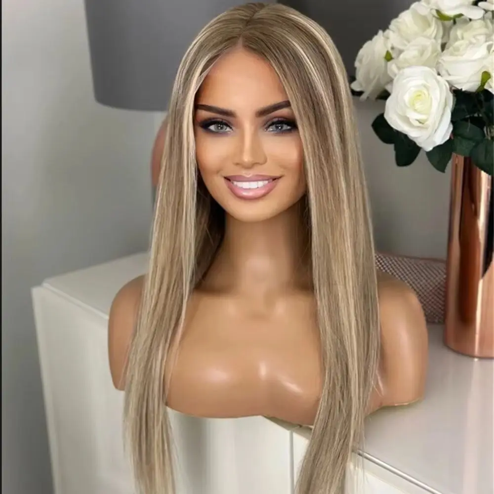 New In Soft Long Straight Wig 13x4 Free Part Ombre Blonde Brown Wig Synthetic Lace Front Wig for White Black Women Glueless 26''