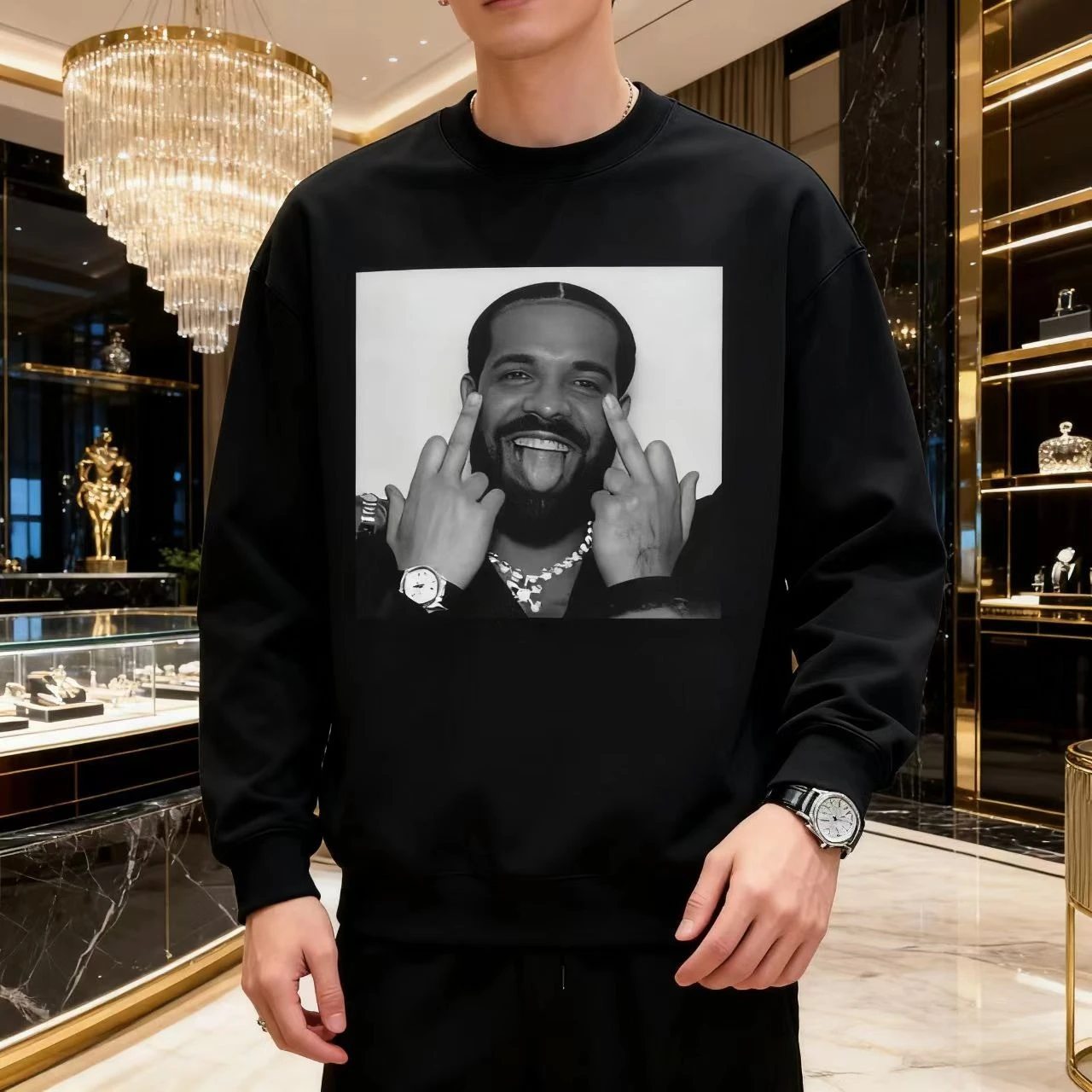 

Fashionable Drake Street Hip-hop Tour with graphic prints, oversized round-neck sweatshirt for both men and women