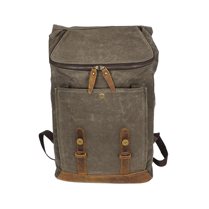 Men Vintage backpack oli leather Waxed canvas shoulder bag trend leisure bag waterproof women bag 14 inch laptop backpack travel