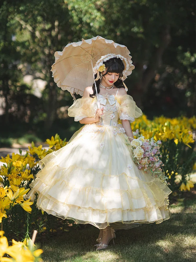 Sommer japanische gelbe Lolita Jsk Kleid süße Lolita Riemen Kleider weibliche Mädchen Bogen Jsk Frauen Spitze Loli Kawaii Brautkleid