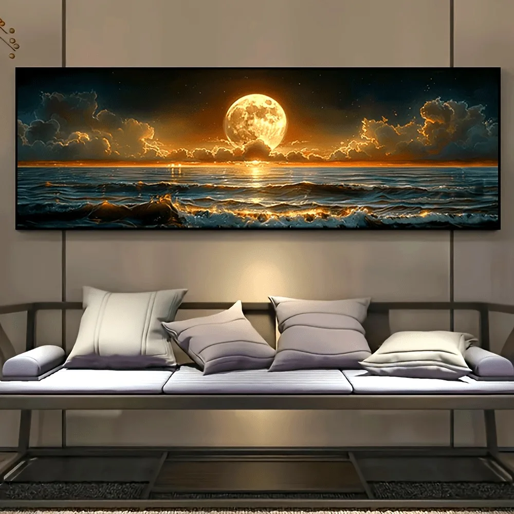 Classic Vintage Moonlight Sea View Canvas Poster Art Frameless Horizontal Wall Decor Suitable For Kitchen Office Living Room