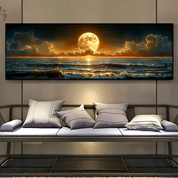 Classic Vintage Moonlight Sea View Canvas Poster Art Frameless Horizontal Wall Decor Suitable For Kitchen Office Living Room 1