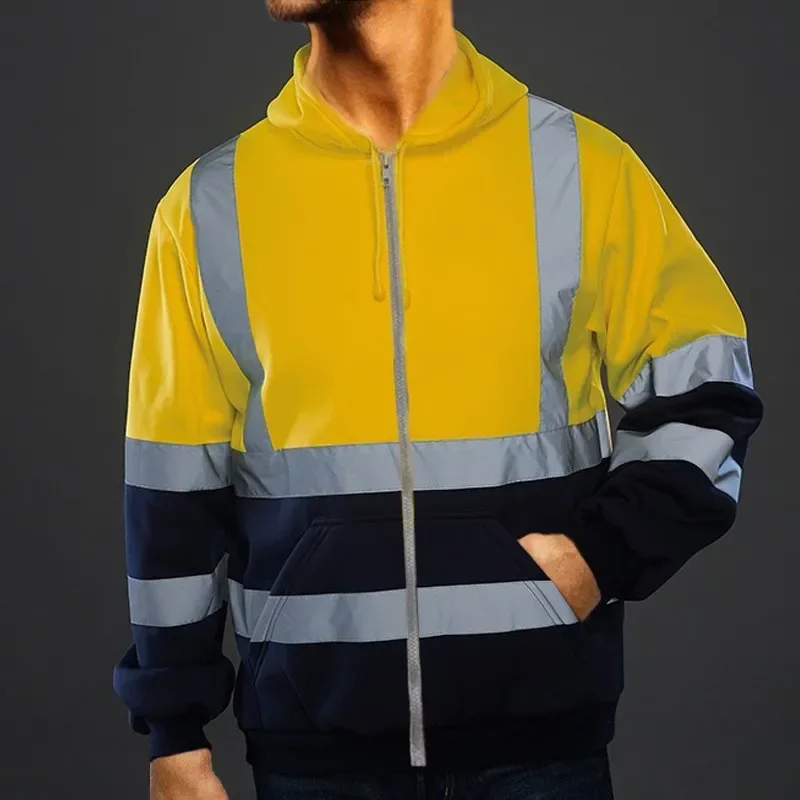 Herbst- und Winter-Kapuzenpullover mit reflektierenden Streifen, Hygiene-Arbeitskleidung, farblich passendes Fleece-Sweatshirt mit Reißverschluss