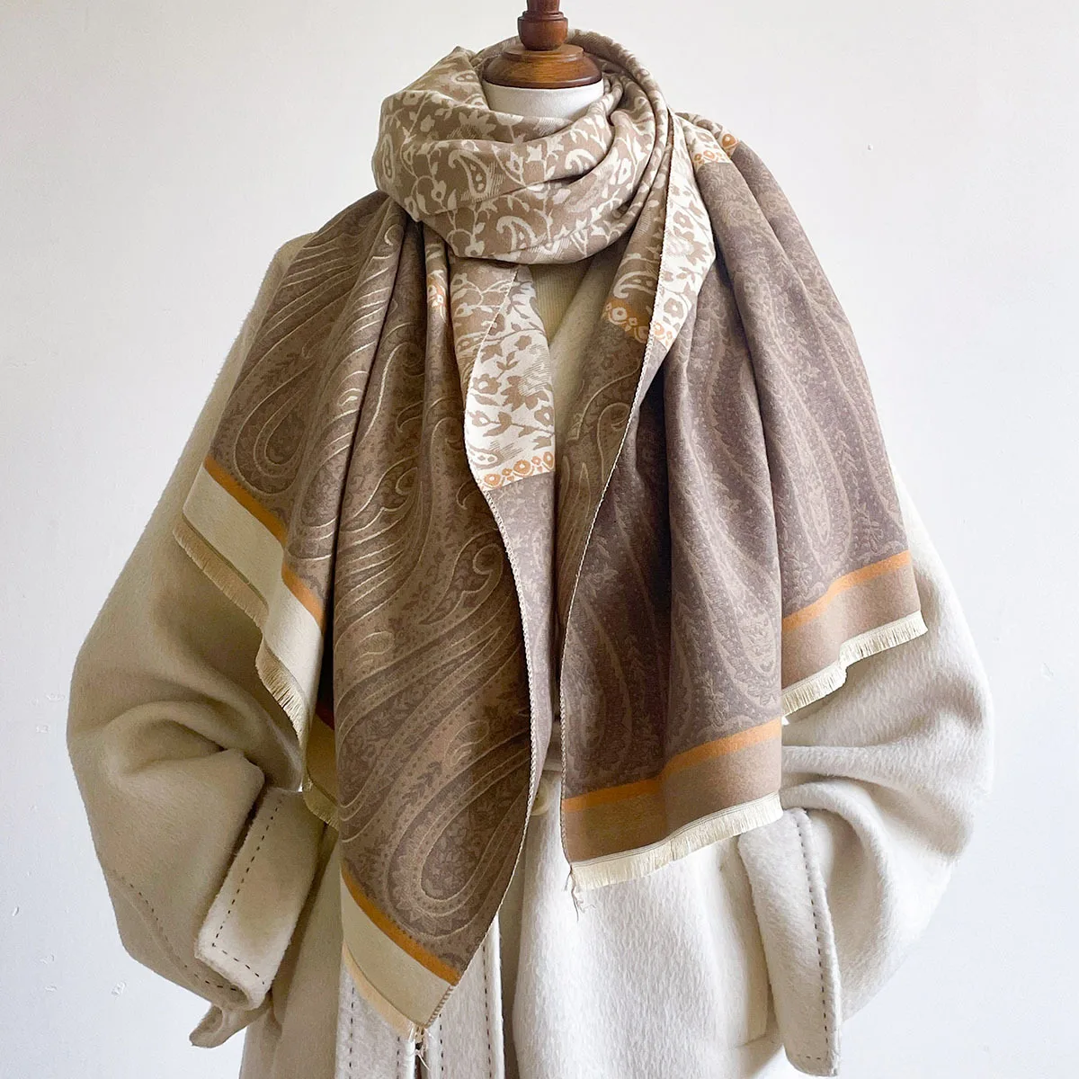 Winter Fashion Oversized Blanket Scarf Faux Cashmere Vintage Brown Cream Split Paisley Art Print Reversible Ladies Wrap Shawl