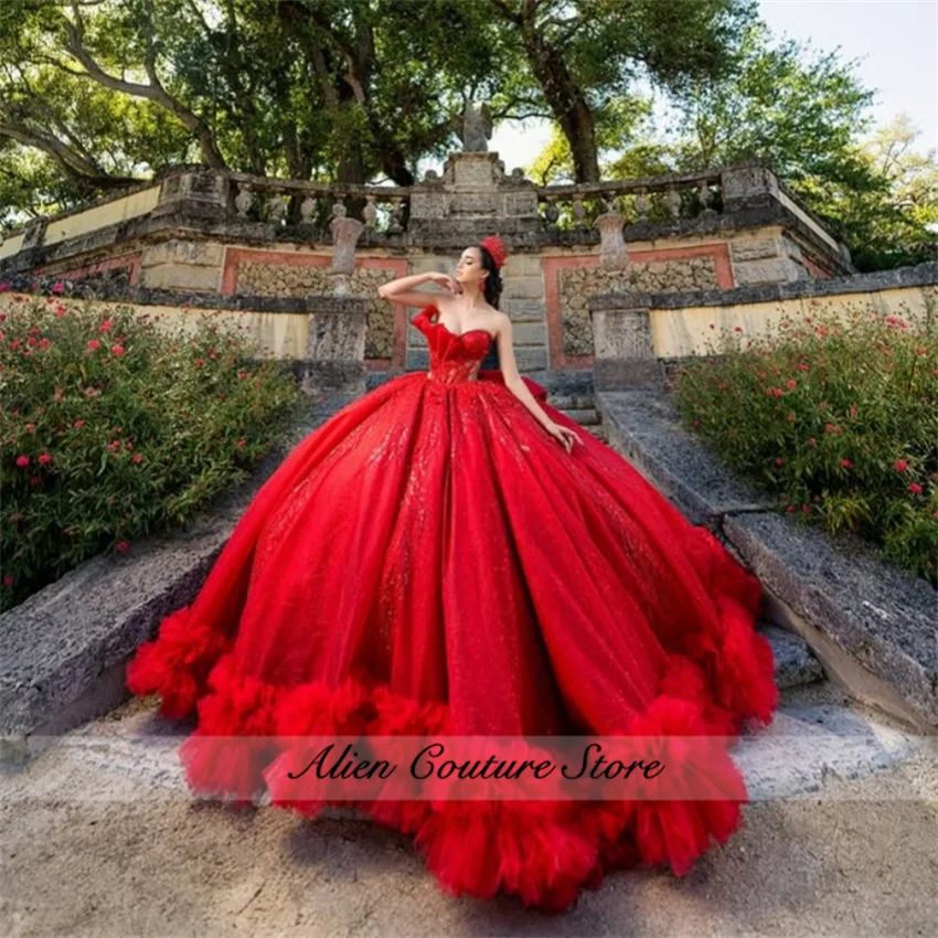

Attractive Red Quinceanera Dresses for Girls Ball Gown Appliques Beading Ruffles Ruched Tulle Vestidos Para Quinceanera Custom