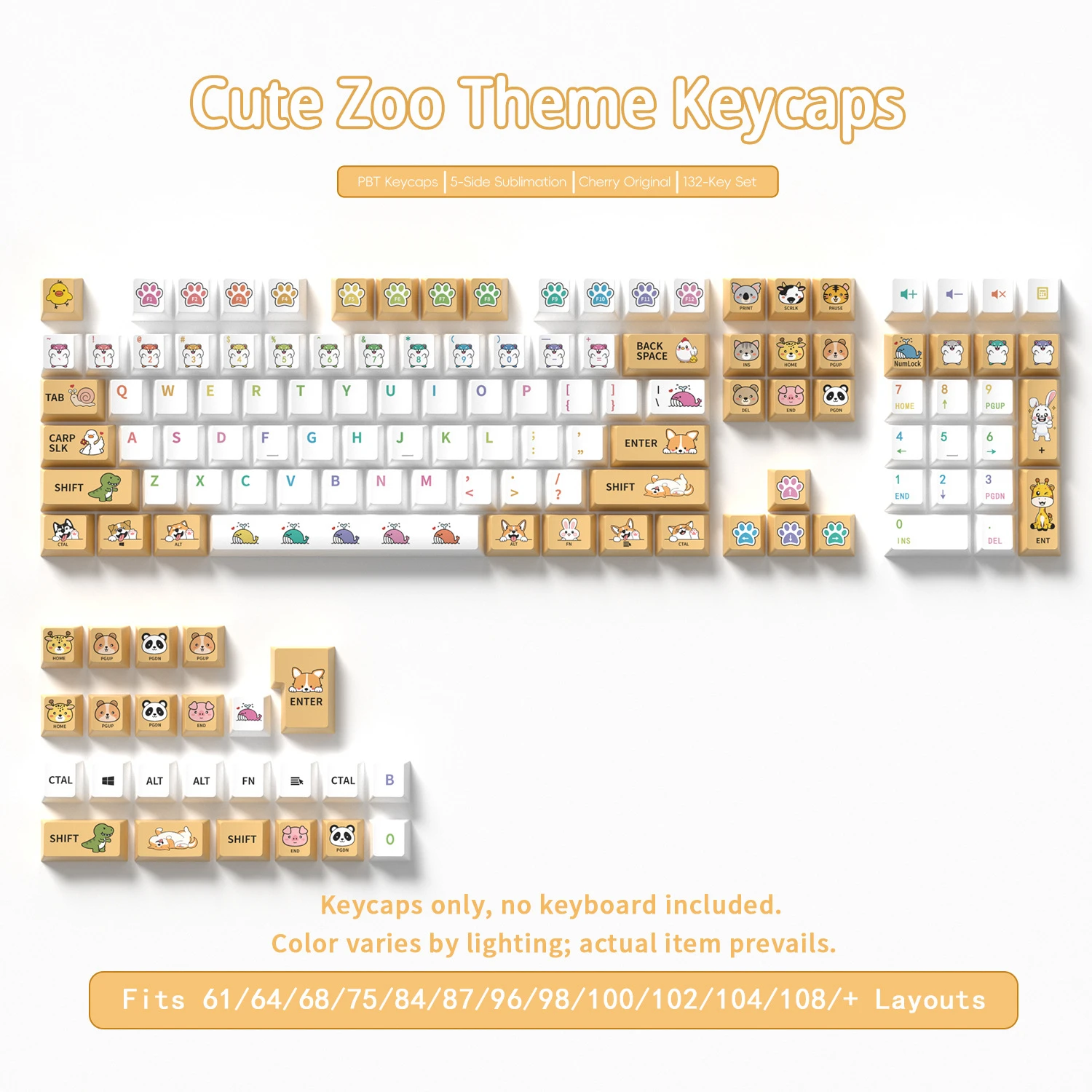 Cute Zoo Keycaps 132 Keys PBT Material Keycaps Cherry Profile DYE-SUB For MX Switch Wooting Mechanical Keyboard ISO ANSI Layout