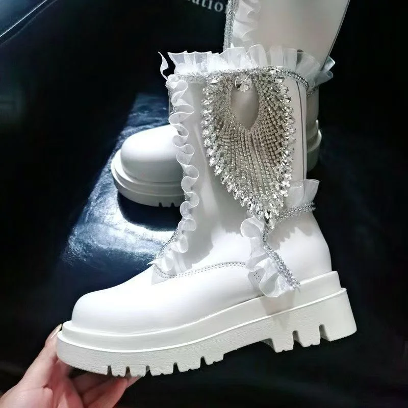 Heavy lace rhinestone accessories Wedding party Banquet women's boots Handmade custom white tall women's single boots 35-40