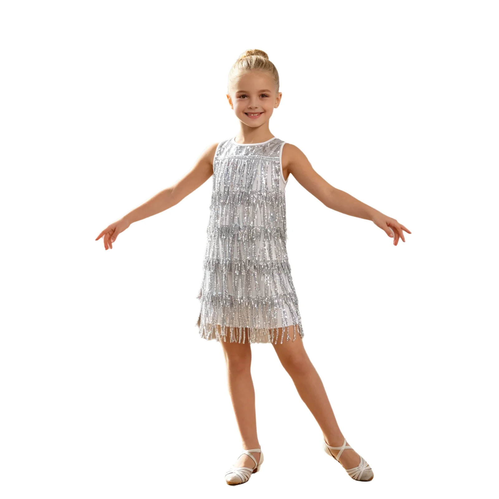 Kids Girls Latin Rumba Cha-cha Salsa Dance Sleeveless Costume Round Neck Sparkling Sequin Tassel Dress for  Stage