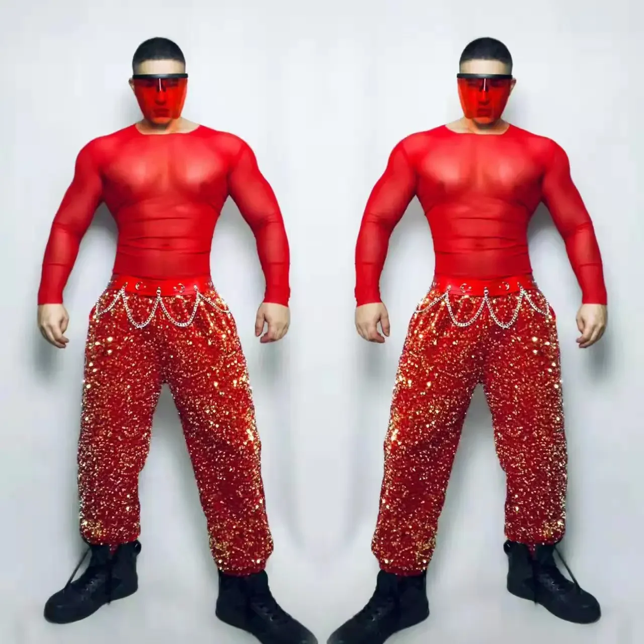 Bar Nachtclub Mannelijke Gogo Prestaties Kleding Sexy Stadium Slijtage DJ Danser Team Party Show Rave Outfits Rode Pailletten Broek Mesh Tops Se