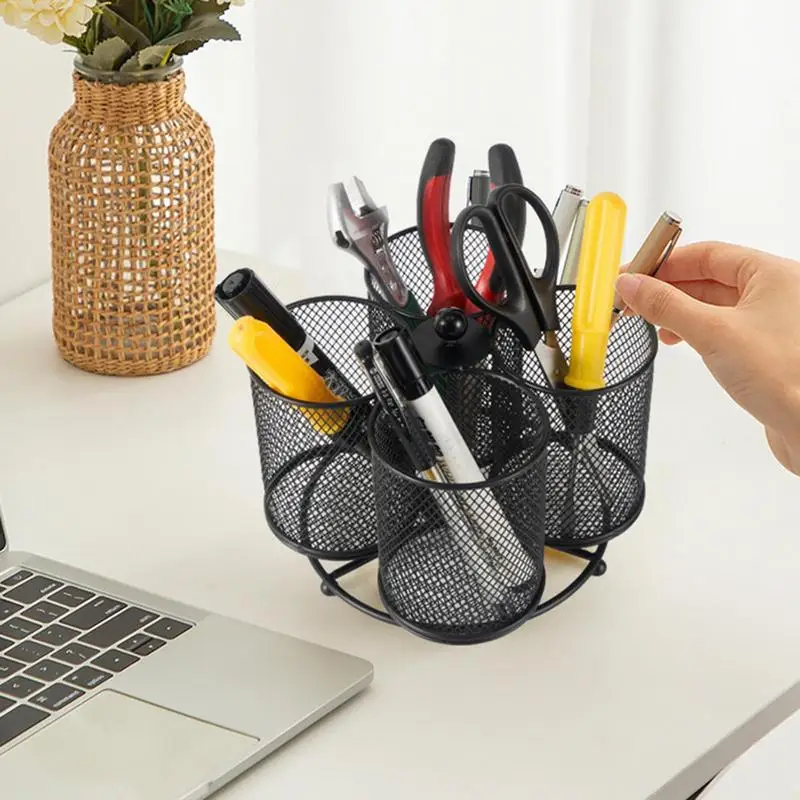 

360 Degree Rotating Metal Cutlery Organizer hollow pen holder 4-Compartment Mesh Rack Countertop Flatware Organizer for Home